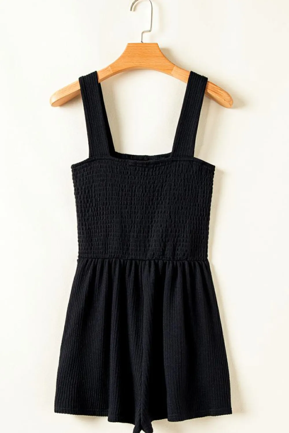 Sale Dear-Lover Smocked Bust Textured Knit Sleeveless Romper Black