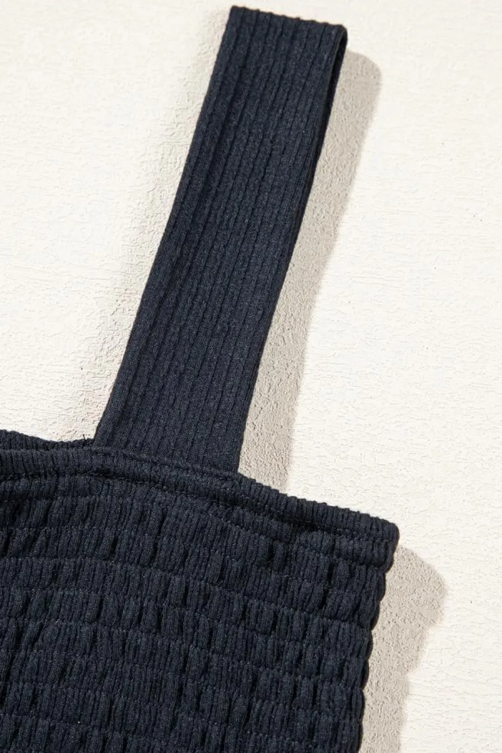 Sale Dear-Lover Smocked Bust Textured Knit Sleeveless Romper Black