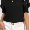 Outlet Dear-Lover Smocked Cuffs Pearled Puff Short Sleeve Elegant Summer Blouse Black