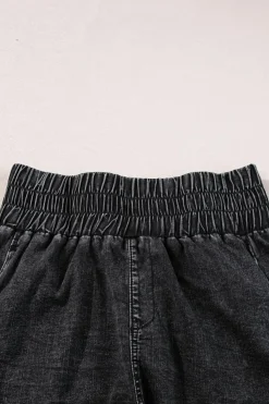 Clearance Dear-Lover Smocked High Waist Mineral Washed Jean Shorts Black