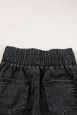 Clearance Dear-Lover Smocked High Waist Mineral Washed Jean Shorts Black