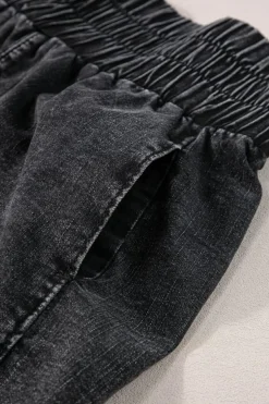 Clearance Dear-Lover Smocked High Waist Mineral Washed Jean Shorts Black
