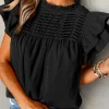 Fashion Dear-Lover Smocked Ruffle Sleeve Blouse Black