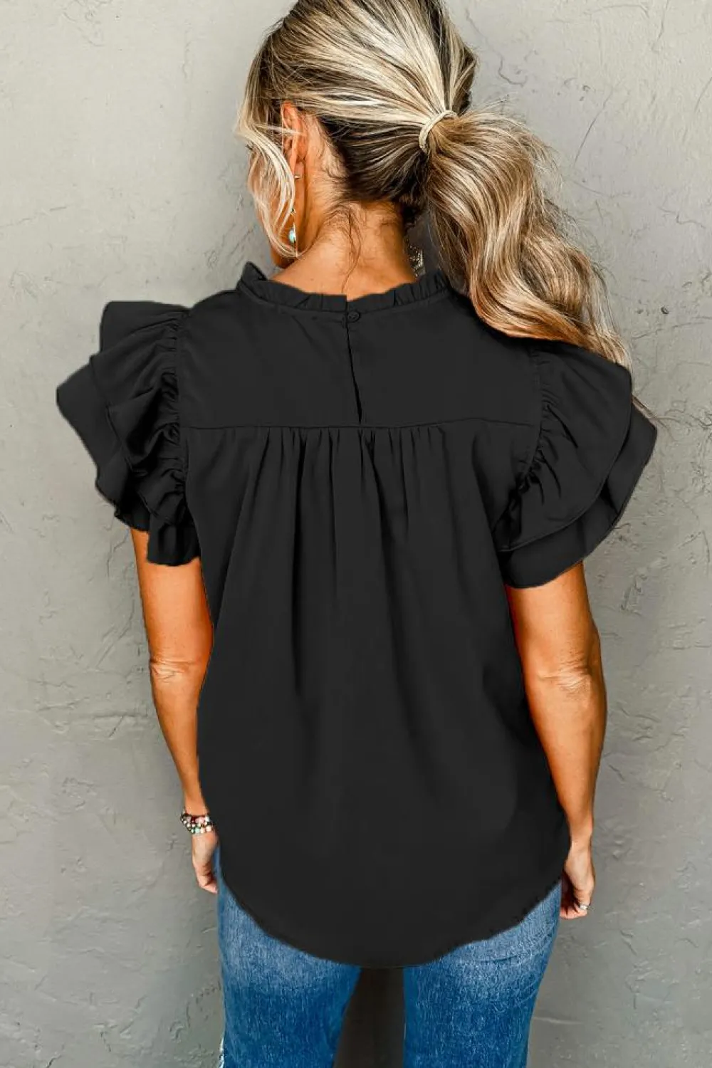 Fashion Dear-Lover Smocked Ruffle Sleeve Blouse Black
