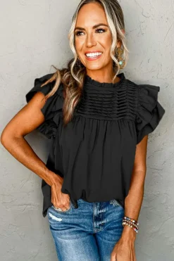 Fashion Dear-Lover Smocked Ruffle Sleeve Blouse Black