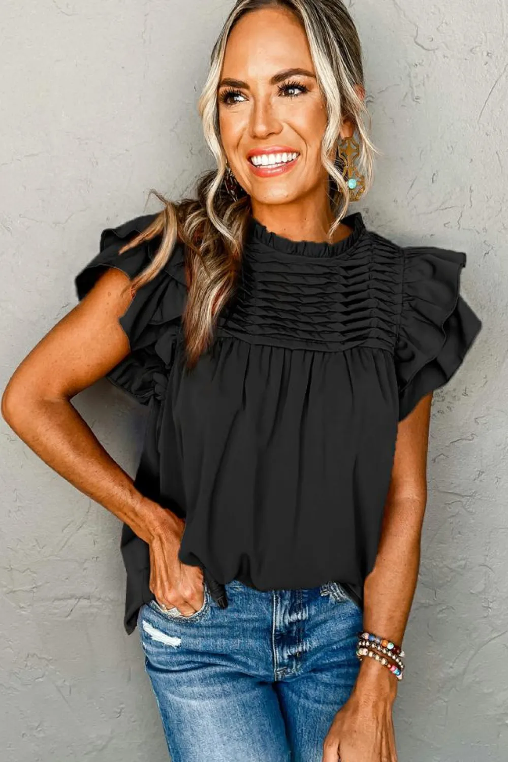 Fashion Dear-Lover Smocked Ruffle Sleeve Blouse Black