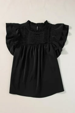 Fashion Dear-Lover Smocked Ruffle Sleeve Blouse Black