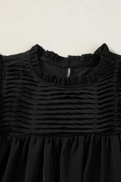 Fashion Dear-Lover Smocked Ruffle Sleeve Blouse Black