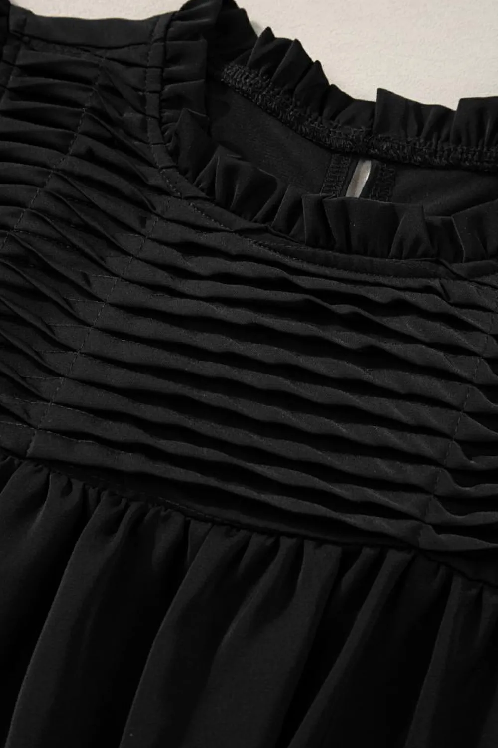 Fashion Dear-Lover Smocked Ruffle Sleeve Blouse Black