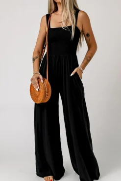 Online Dear-Lover Smocked Sleeveless Wide Leg Jumpsuit with Pockets Black