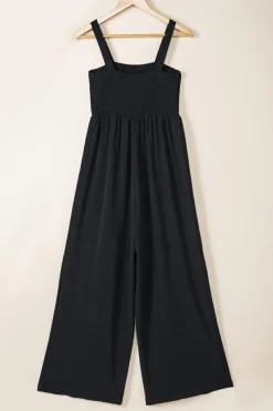 Online Dear-Lover Smocked Sleeveless Wide Leg Jumpsuit with Pockets Black