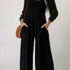Fashion Dear-Lover Smocked Square Neck Long Sleeve Wide Leg Jumpsuit Black