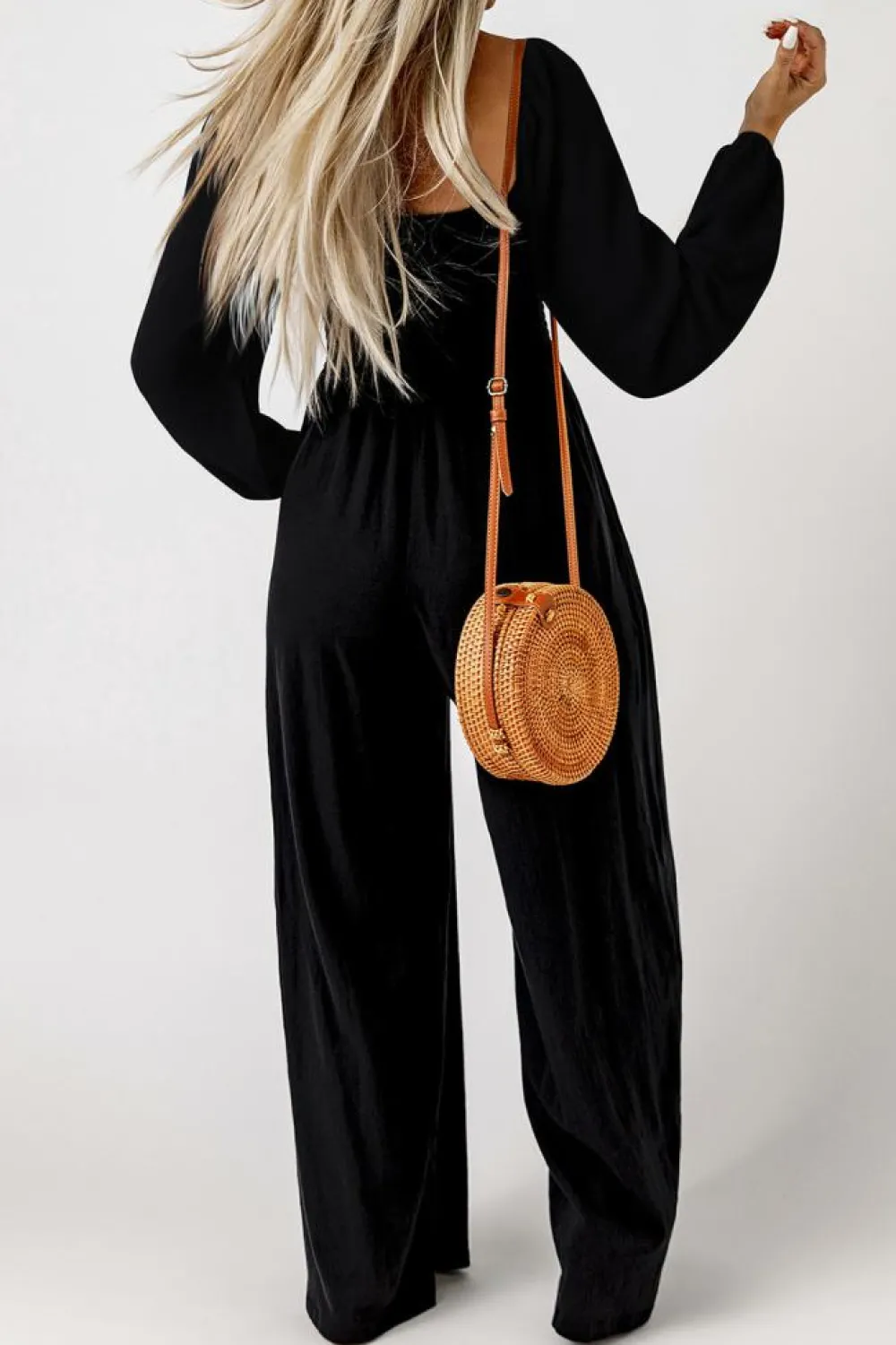 Fashion Dear-Lover Smocked Square Neck Long Sleeve Wide Leg Jumpsuit Black