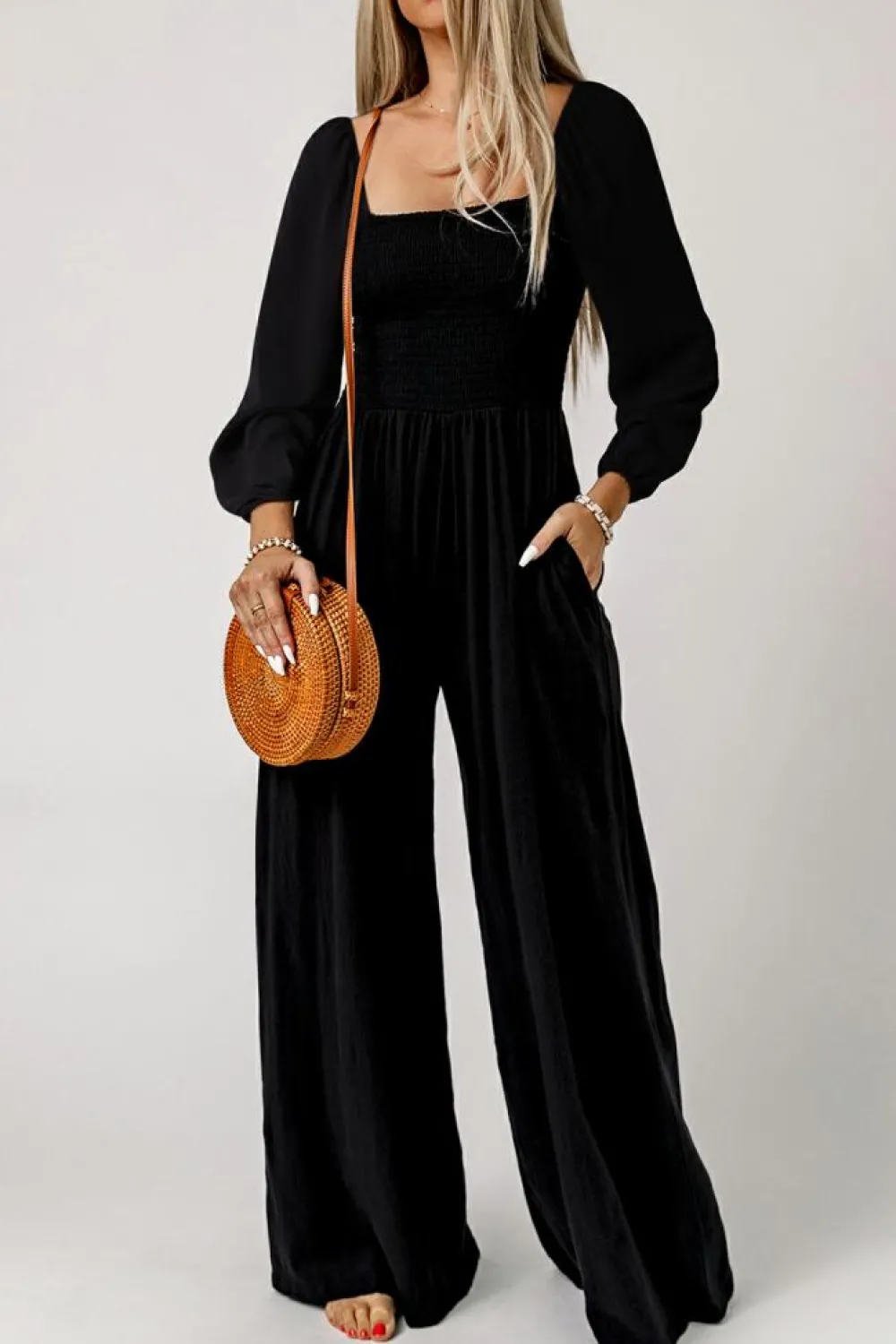 Fashion Dear-Lover Smocked Square Neck Long Sleeve Wide Leg Jumpsuit Black