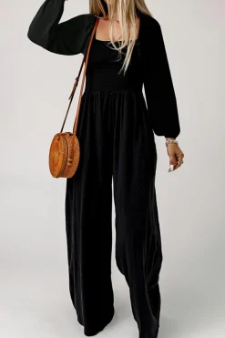Fashion Dear-Lover Smocked Square Neck Long Sleeve Wide Leg Jumpsuit Black