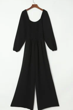 Fashion Dear-Lover Smocked Square Neck Long Sleeve Wide Leg Jumpsuit Black