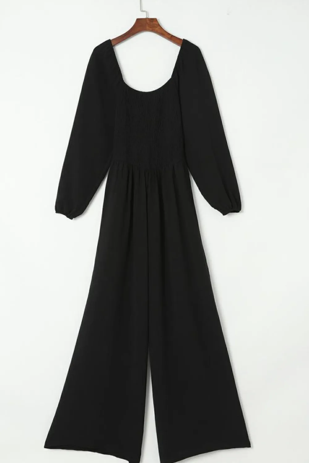 Fashion Dear-Lover Smocked Square Neck Long Sleeve Wide Leg Jumpsuit Black