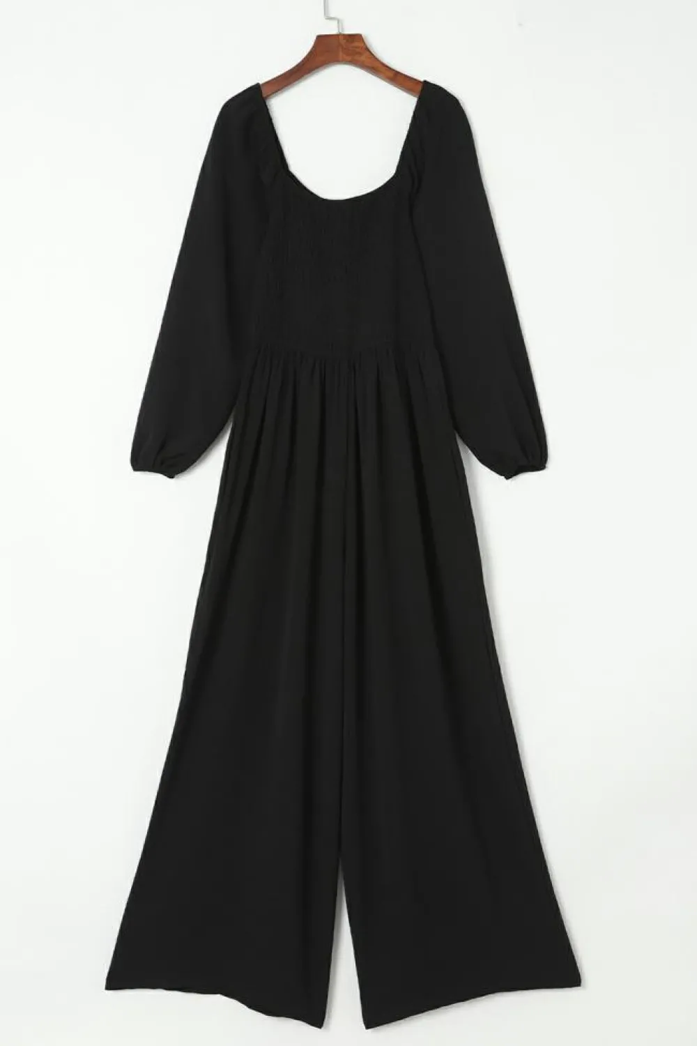 Fashion Dear-Lover Smocked Square Neck Long Sleeve Wide Leg Jumpsuit Black