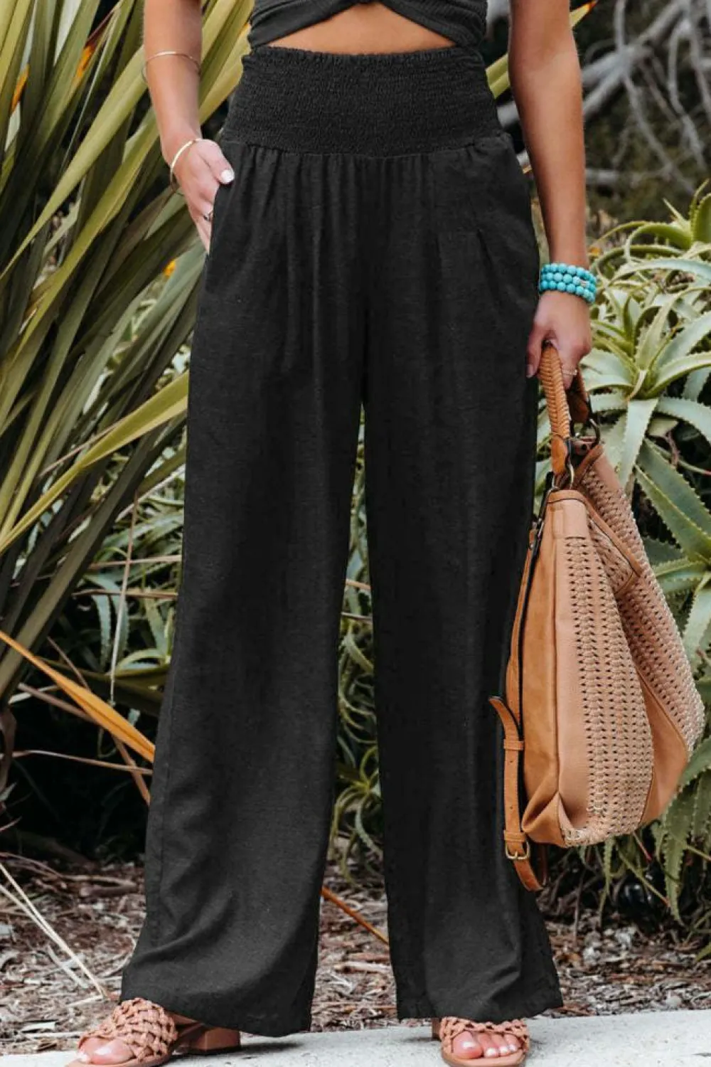 Hot Dear-Lover Smocked Wide Waistband High Waist Wide Leg Pants Black