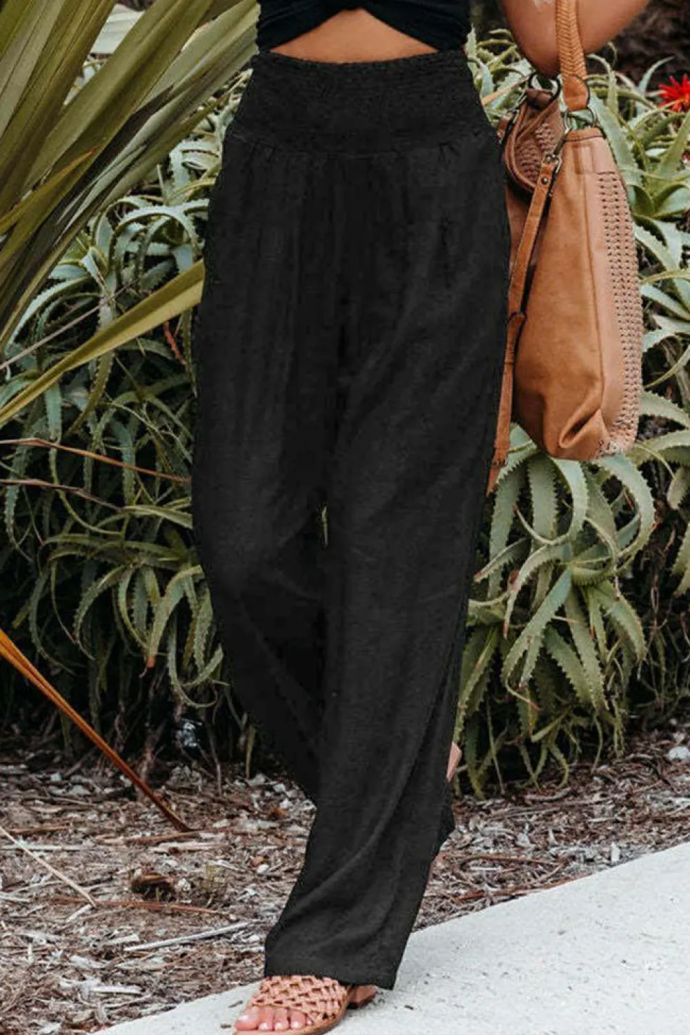 Hot Dear-Lover Smocked Wide Waistband High Waist Wide Leg Pants Black