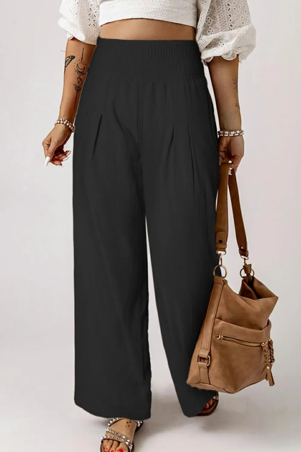 Hot Dear-Lover Smocked Wide Waistband High Waist Wide Leg Pants Black