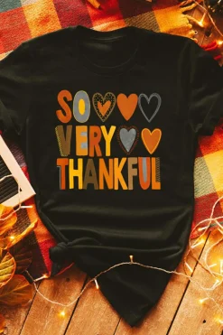 Hot Dear-Lover So Very Thankful Heart Printed Crewneck Thanksgiving T Shirt Black