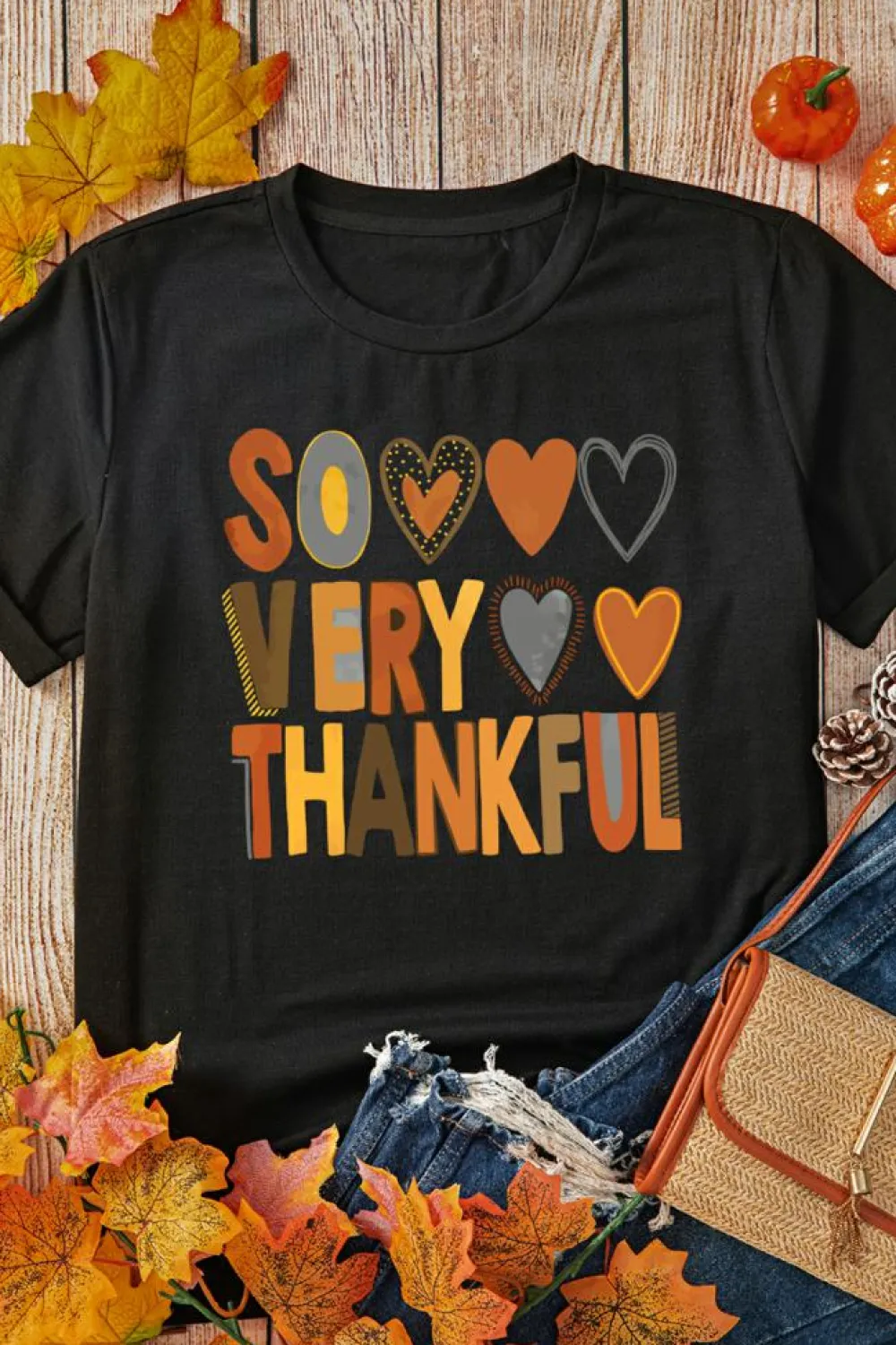 Hot Dear-Lover So Very Thankful Heart Printed Crewneck Thanksgiving T Shirt Black