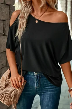 Outlet Dear-Lover Solid Asymmetrical Neck Loose Casual T-Shirt Black