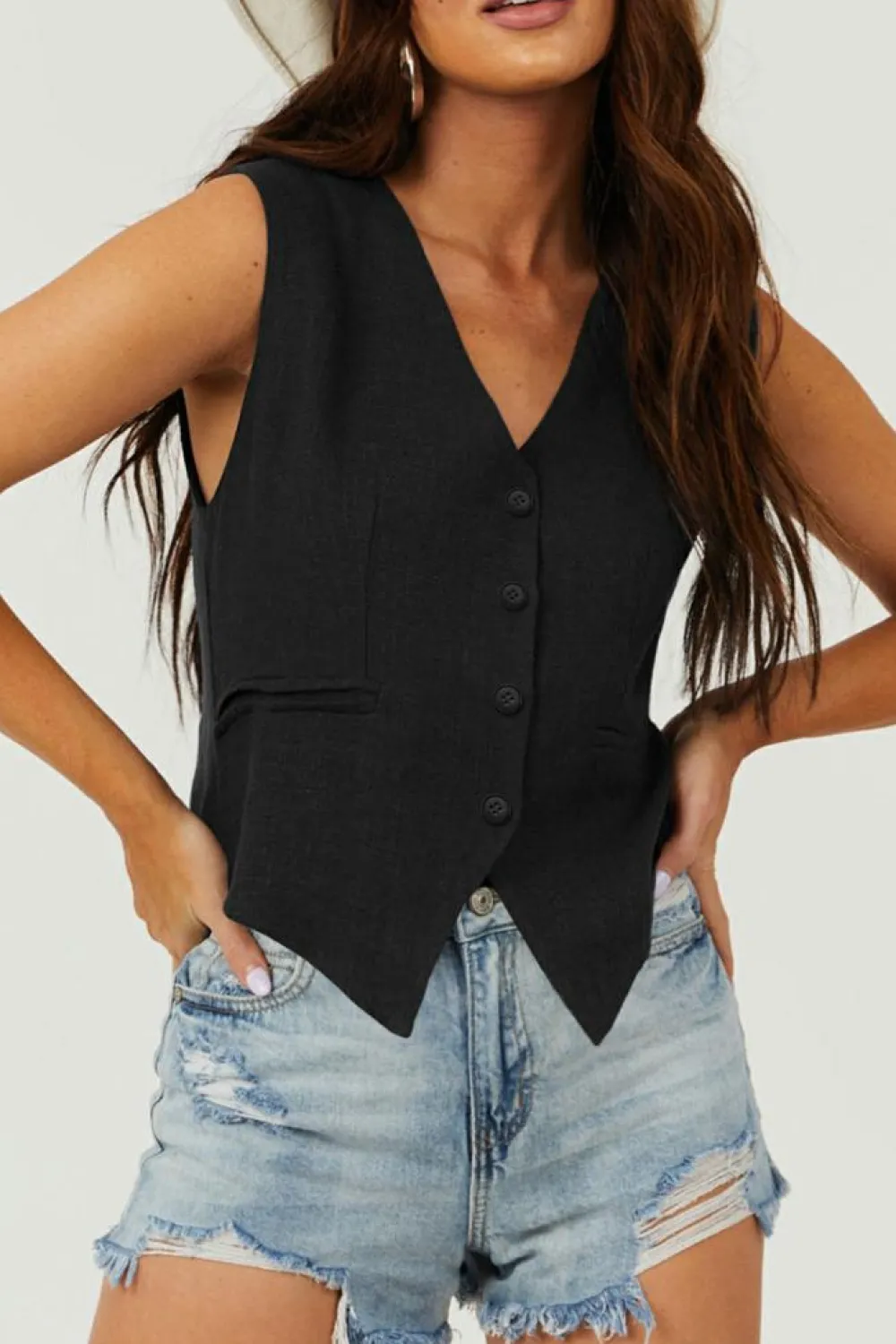 Outlet Dear-Lover Solid Color Button up V Neck Suit Vest Black