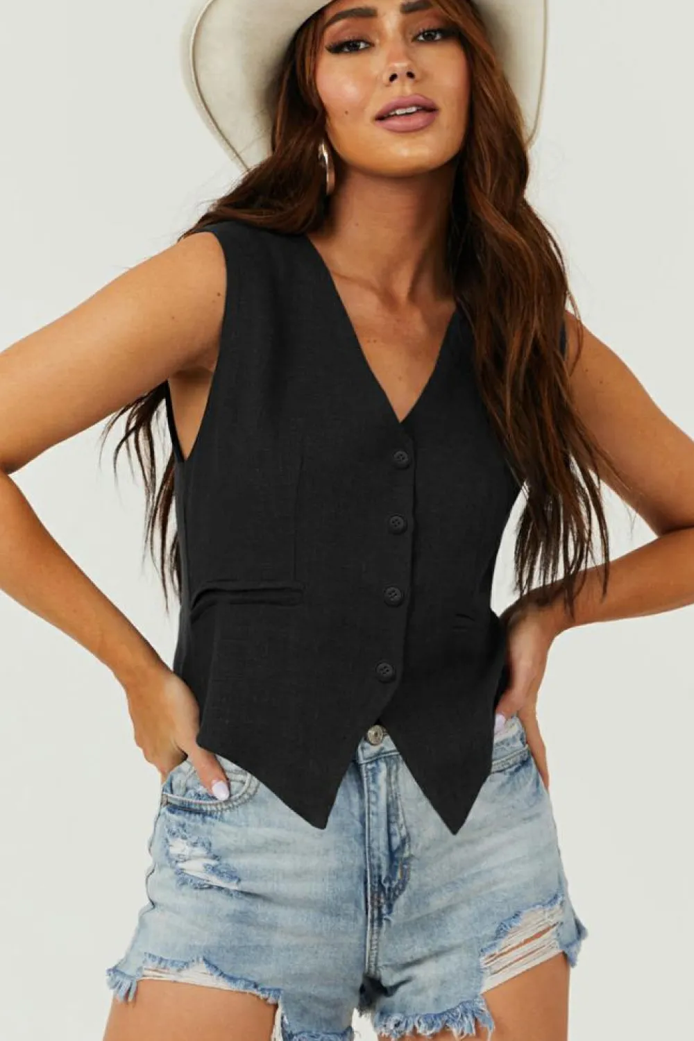 Outlet Dear-Lover Solid Color Button up V Neck Suit Vest Black
