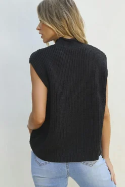 Clearance Dear-Lover Solid Color Cable Knit High Neck Sweater Vest Black