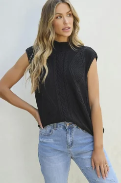 Clearance Dear-Lover Solid Color Cable Knit High Neck Sweater Vest Black