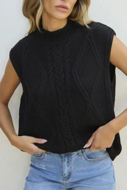 Clearance Dear-Lover Solid Color Cable Knit High Neck Sweater Vest Black