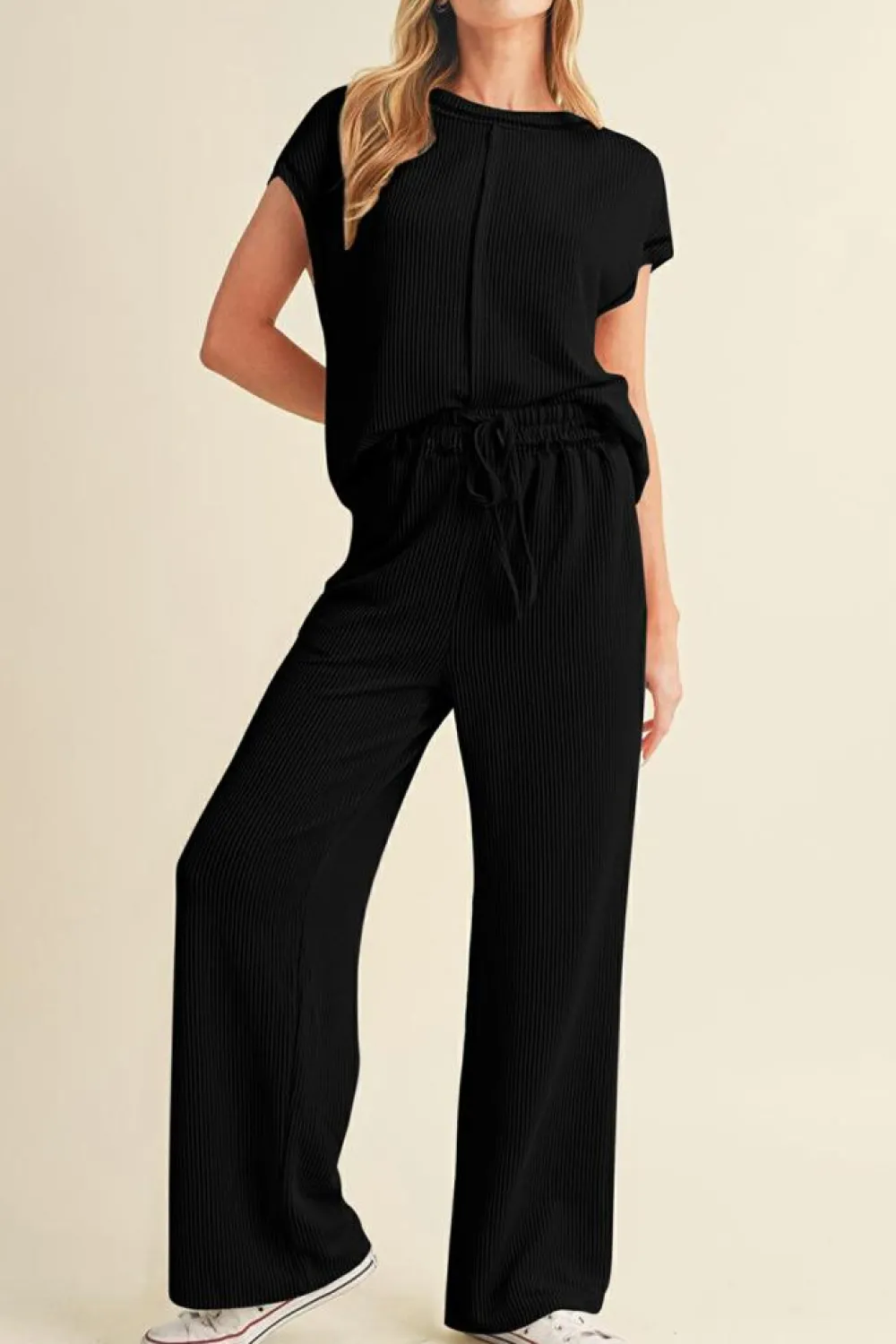 Fashion Dear-Lover Solid Color Corded Short Sleeve Top and Casual Pants Set Black