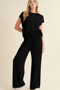 Fashion Dear-Lover Solid Color Corded Short Sleeve Top and Casual Pants Set Black