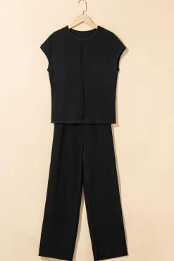 Fashion Dear-Lover Solid Color Corded Short Sleeve Top and Casual Pants Set Black