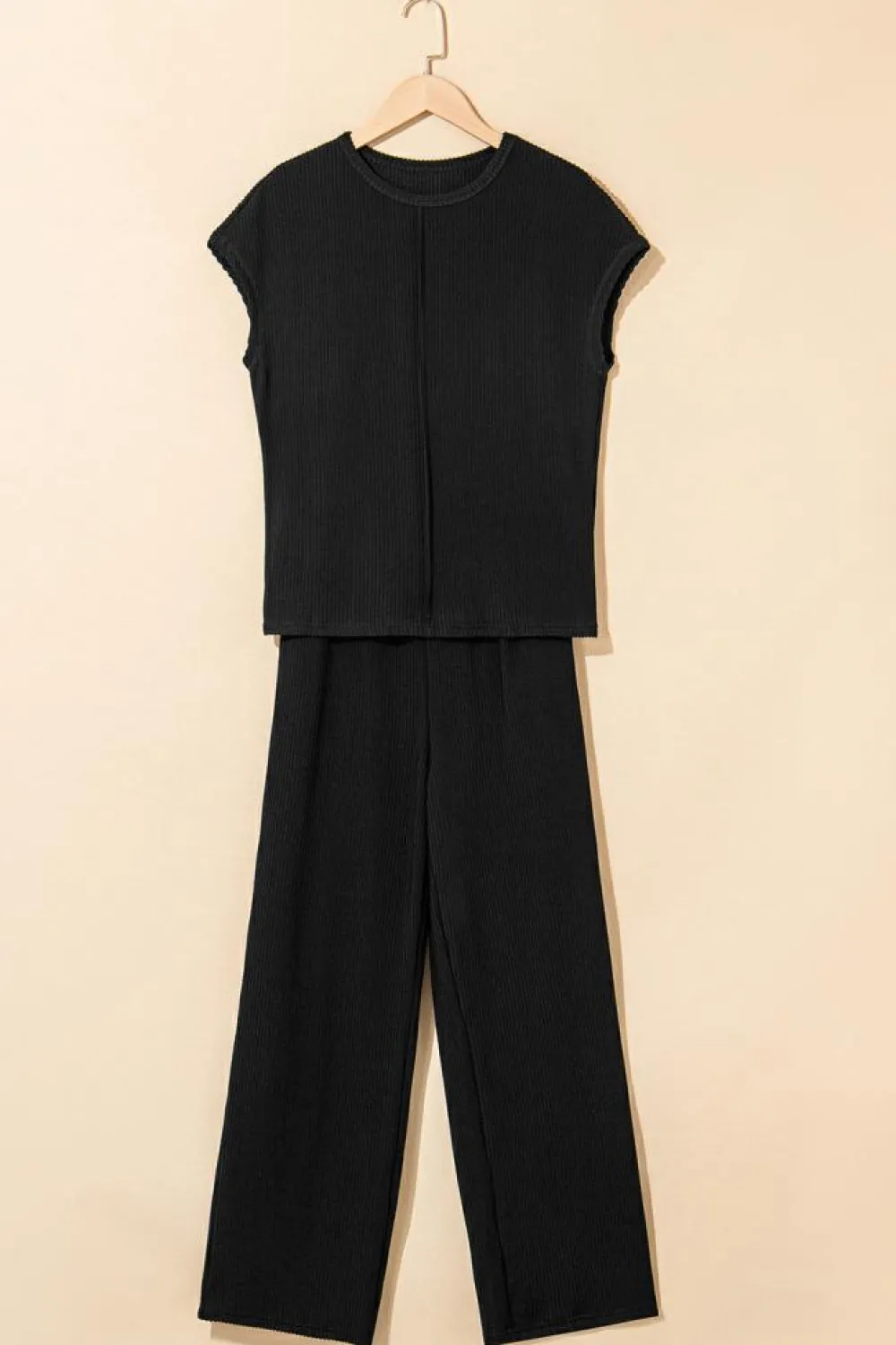 Fashion Dear-Lover Solid Color Corded Short Sleeve Top and Casual Pants Set Black