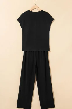 Fashion Dear-Lover Solid Color Corded Short Sleeve Top and Casual Pants Set Black