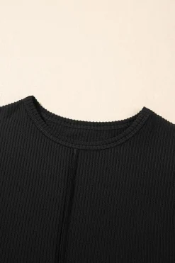 Fashion Dear-Lover Solid Color Corded Short Sleeve Top and Casual Pants Set Black