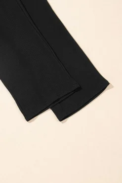 Fashion Dear-Lover Solid Color Corded Short Sleeve Top and Casual Pants Set Black