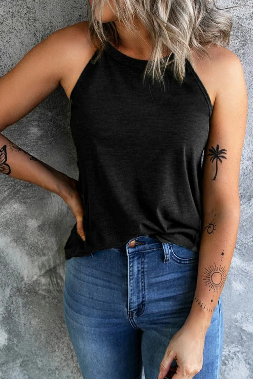 Fashion Dear-Lover Solid Color Crew Neck Tank Top Black