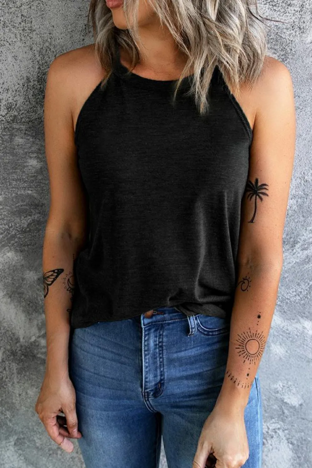 Fashion Dear-Lover Solid Color Crew Neck Tank Top Black