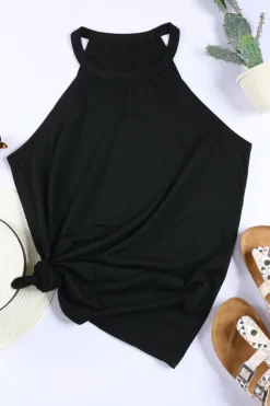 Fashion Dear-Lover Solid Color Crew Neck Tank Top Black