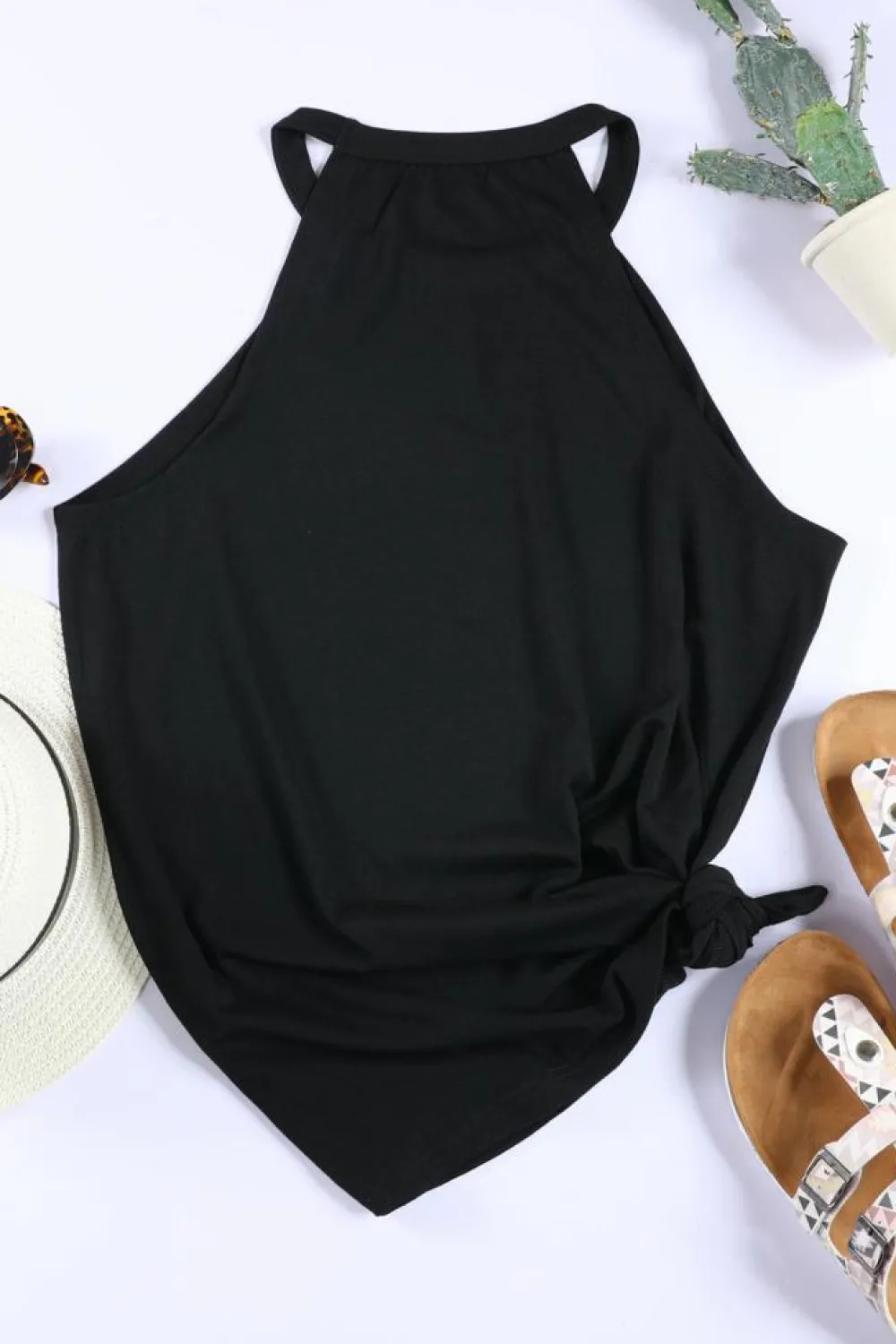Fashion Dear-Lover Solid Color Crew Neck Tank Top Black
