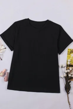 Fashion Dear-Lover Solid Color Crew Neck Tee Black