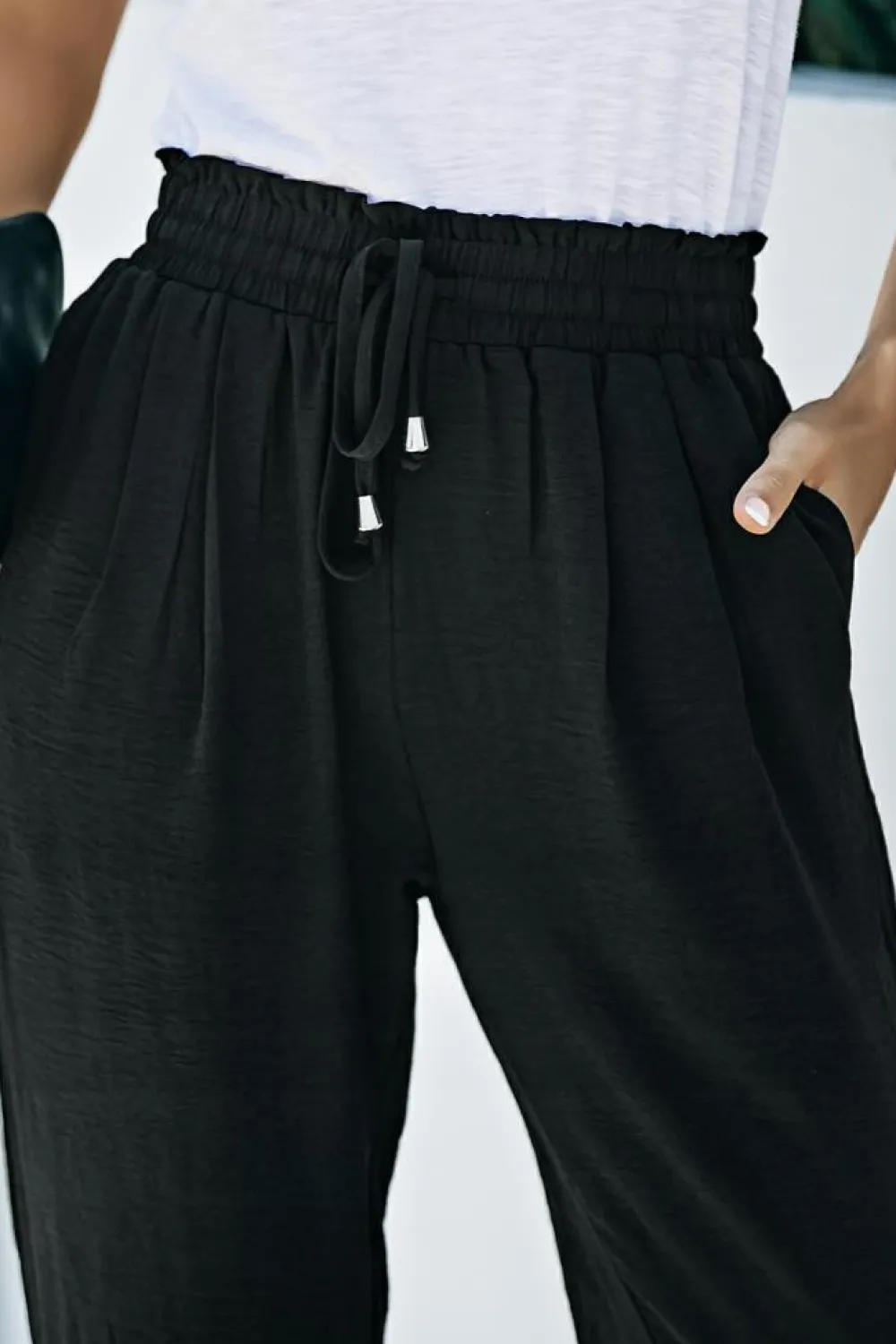 Discount Dear-Lover Solid Color Drawstring Smocked Waist Joggers Black