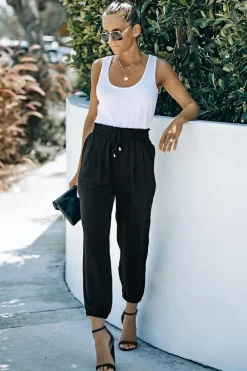 Discount Dear-Lover Solid Color Drawstring Smocked Waist Joggers Black