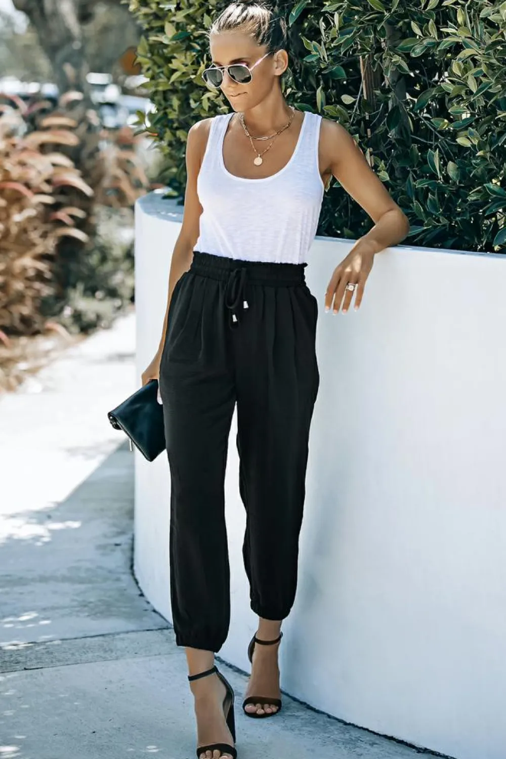 Discount Dear-Lover Solid Color Drawstring Smocked Waist Joggers Black
