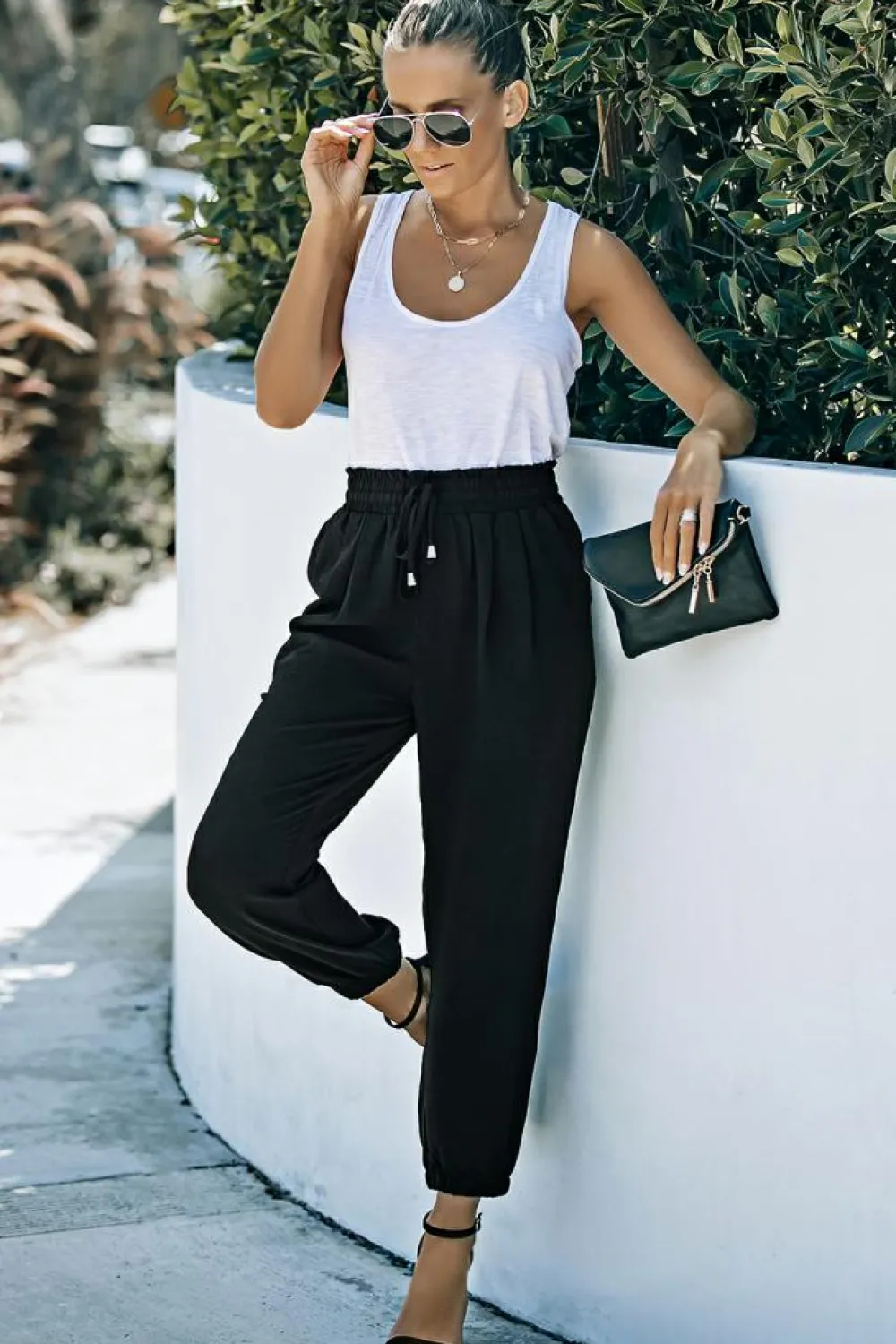 Discount Dear-Lover Solid Color Drawstring Smocked Waist Joggers Black