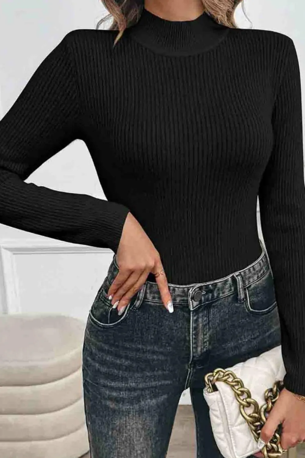 Discount Dear-Lover Solid Color Fleece Lined High Neck Slim Fit Sweater Black